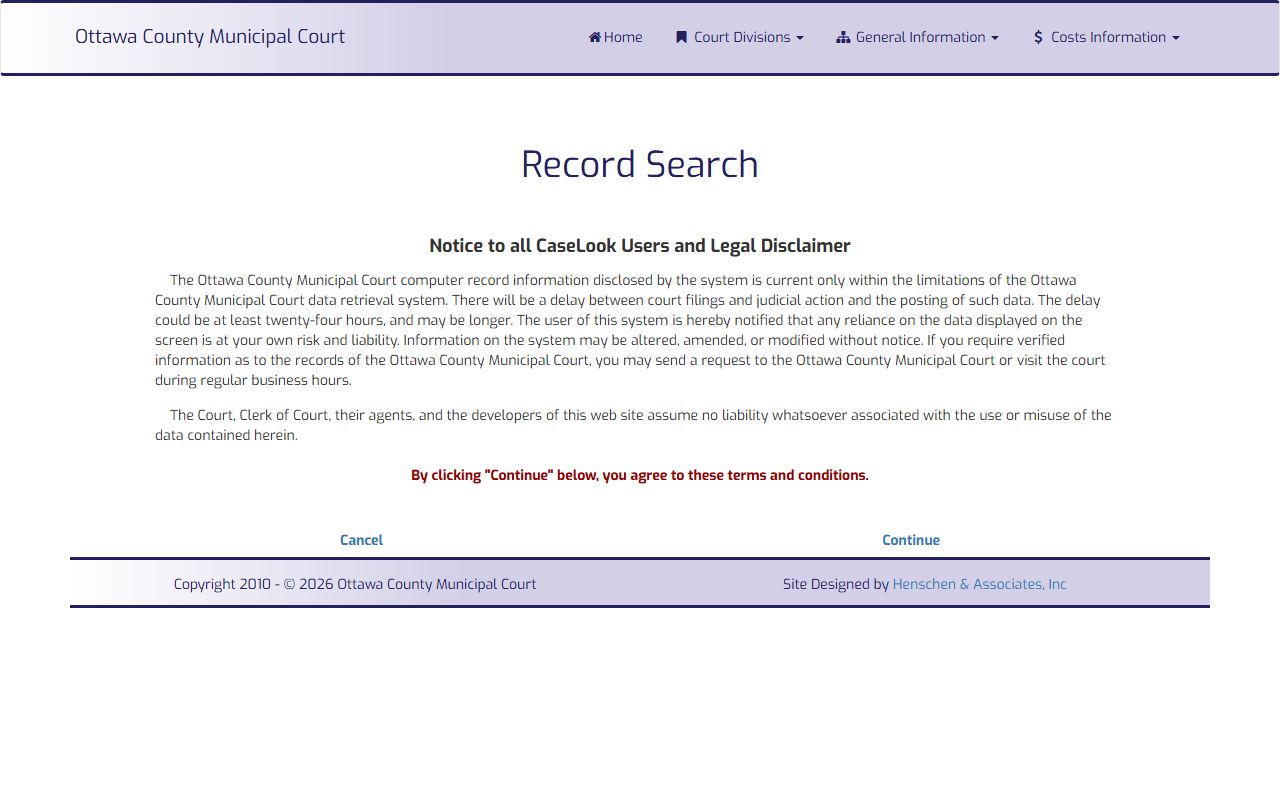 Ottawa County Municipal Court CaseLook disclaimer page